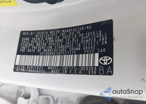 2016 Toyota Corolla S Plus from USA, damaged, VIN 5YFBURHE5GP521314